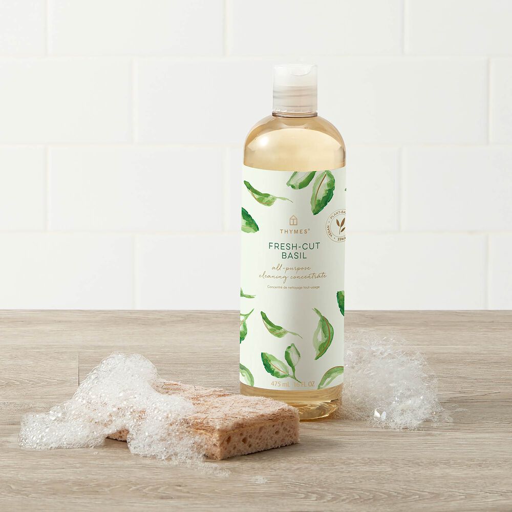 Thymes Fresh-Cut Basil All-Purpose Cleaning Concentrate for Floors and Surfaces with bubbles and sponge image number 2